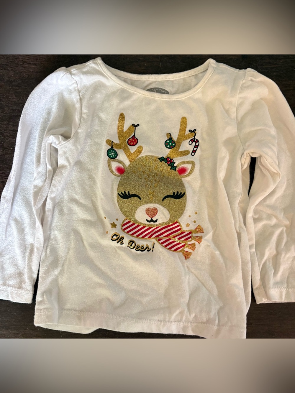 2 Holiday Time White Long-Sleeve Top with Gold Glitter Reindeer